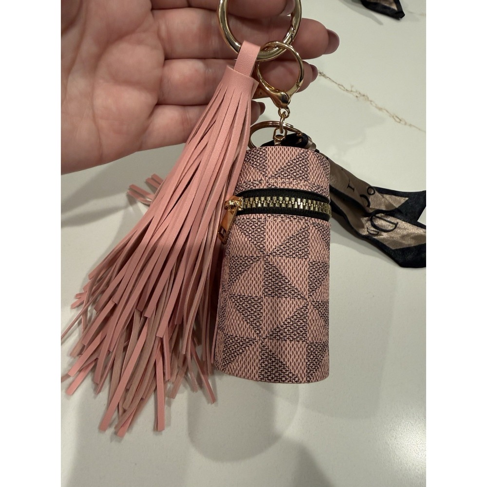Pink Faux Leather Tassel Keychain Coin Pouch, Geometric Pattern, Zipper